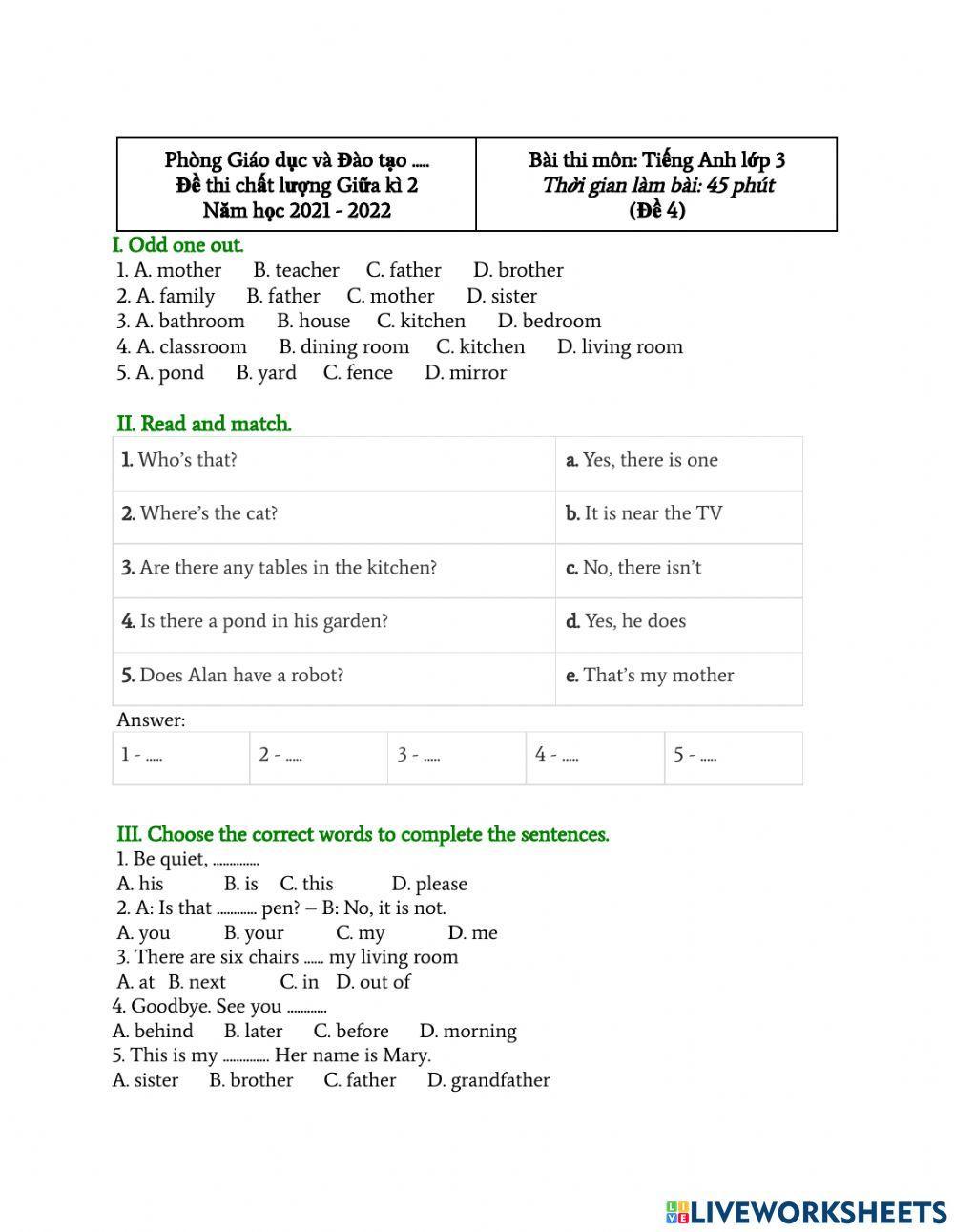 Đề thi Tiếng Anh lớp 3 Giữa kì 2