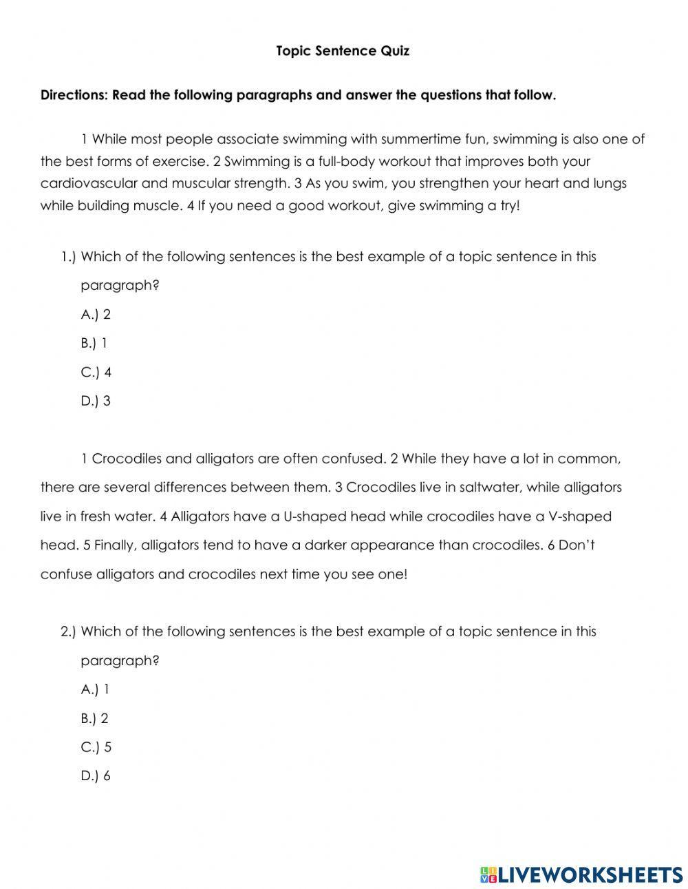 Topic Sentence Quiz