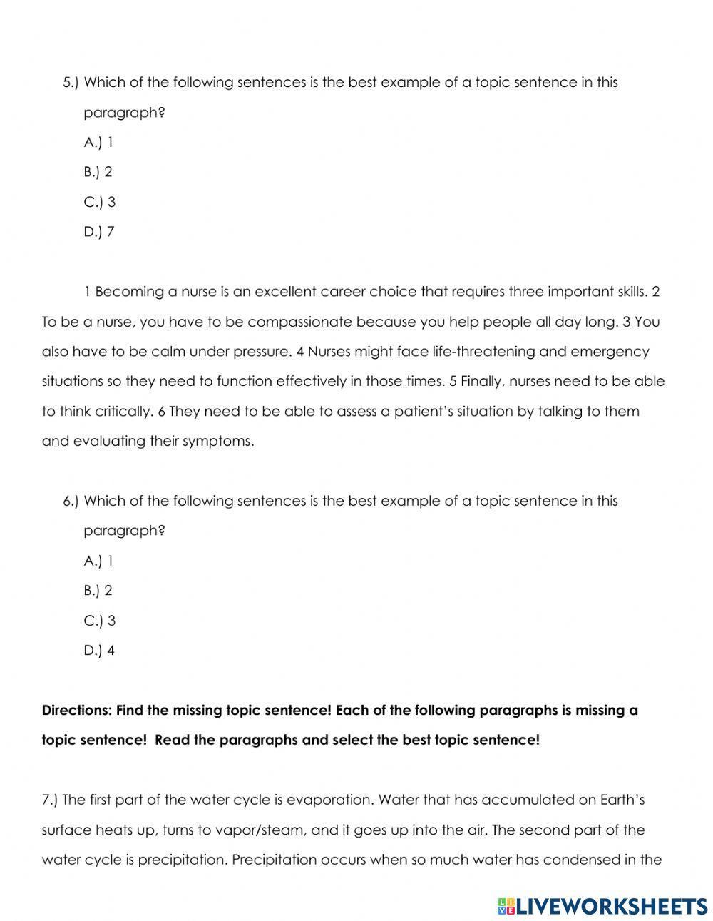 Topic Sentence Quiz