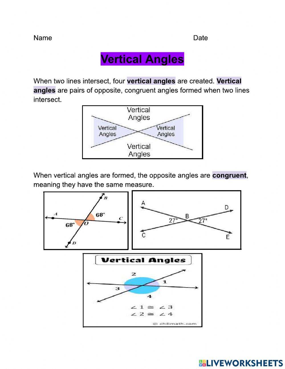 Vertical and Supplementary Angles 1 Vertical and Supplementary Angles 1