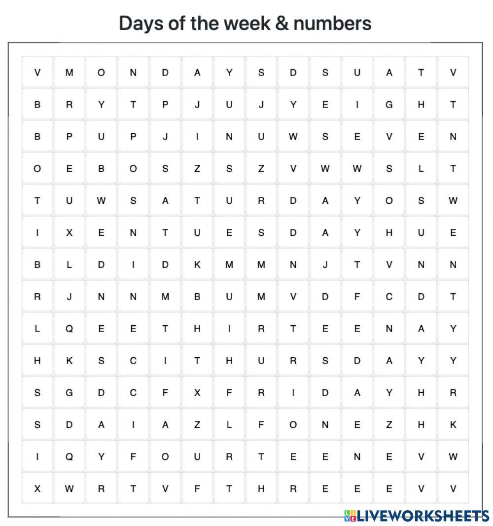Days of the week and numbers 1-20
