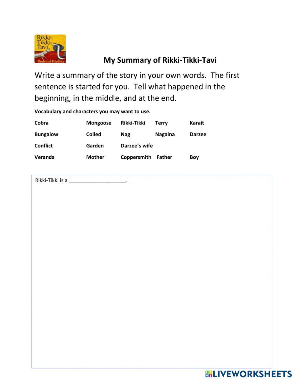 Summary of Rikki-Tikki-Tavi worksheet | Live Worksheets