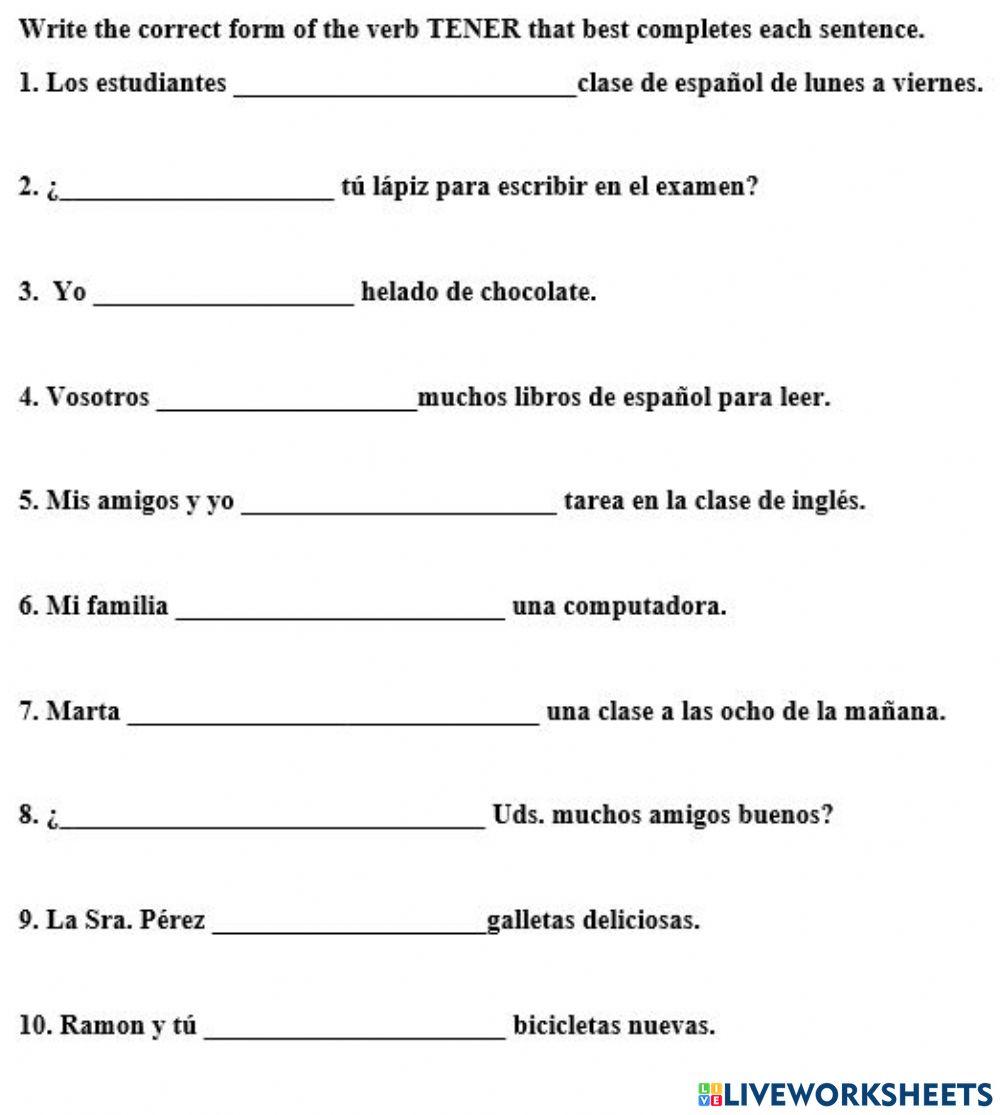 Tener online exercise for Live Worksheets