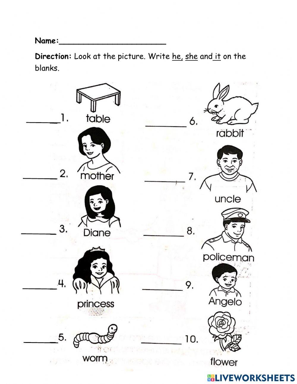 Language kinder 1- Quiz 1 (he,she and it) online exercise for | Live ...