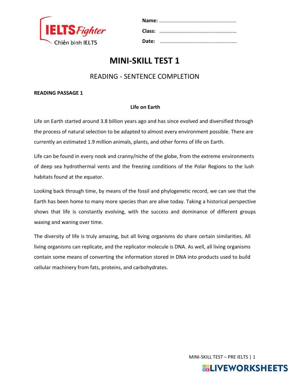 PRE - MINI TEST 1 - READING online exercise for | Live Worksheets