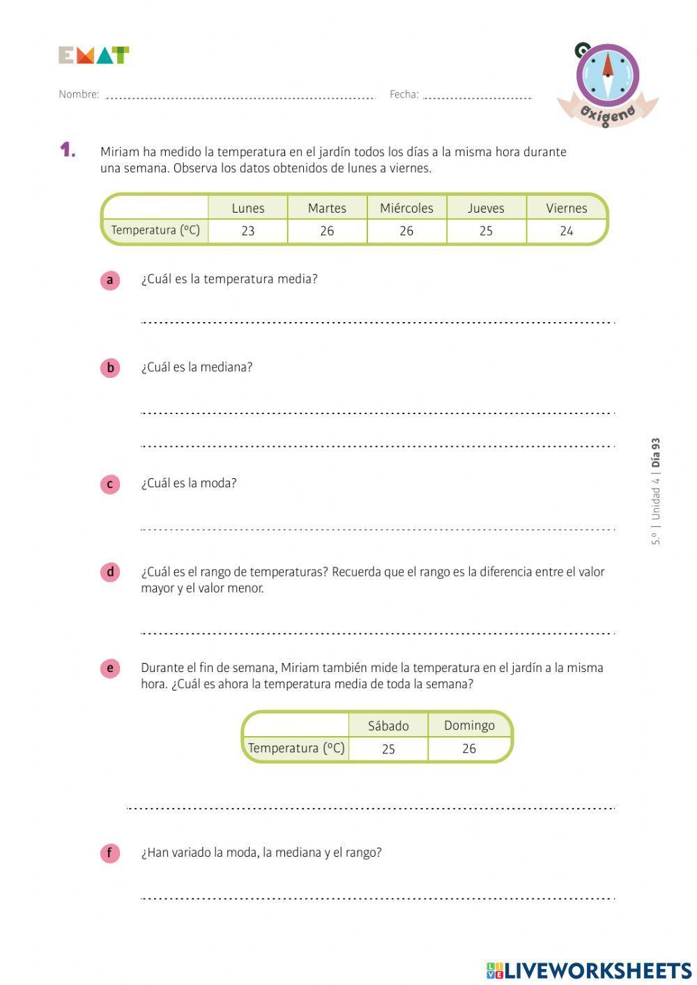 Rango, moda, mediana y media