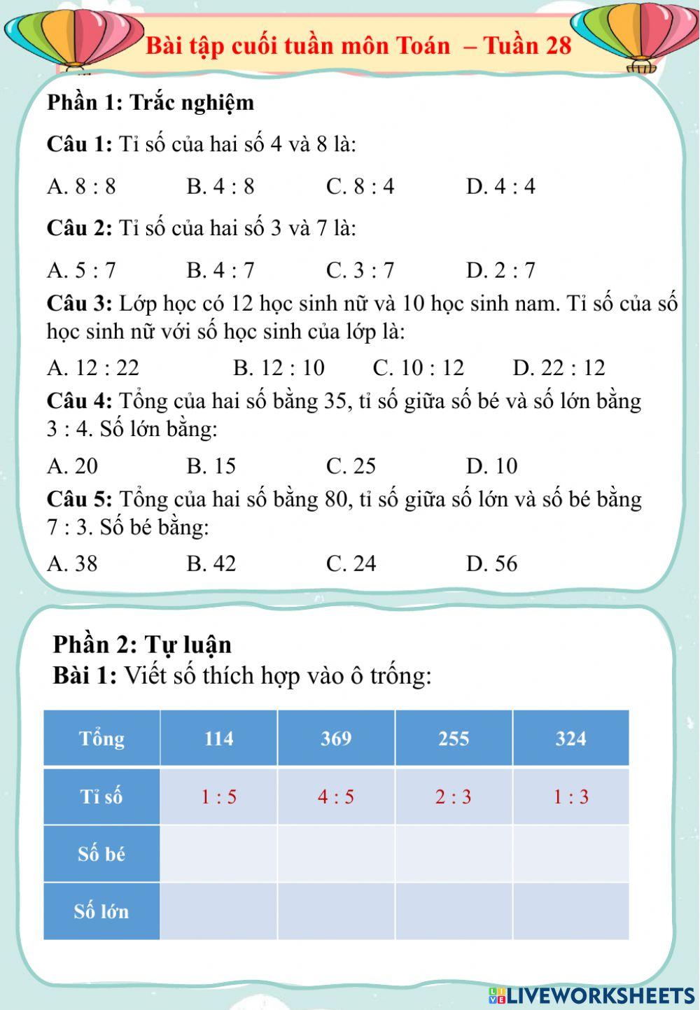 Bài tập Toán cuối tuần 28 lớp 4
