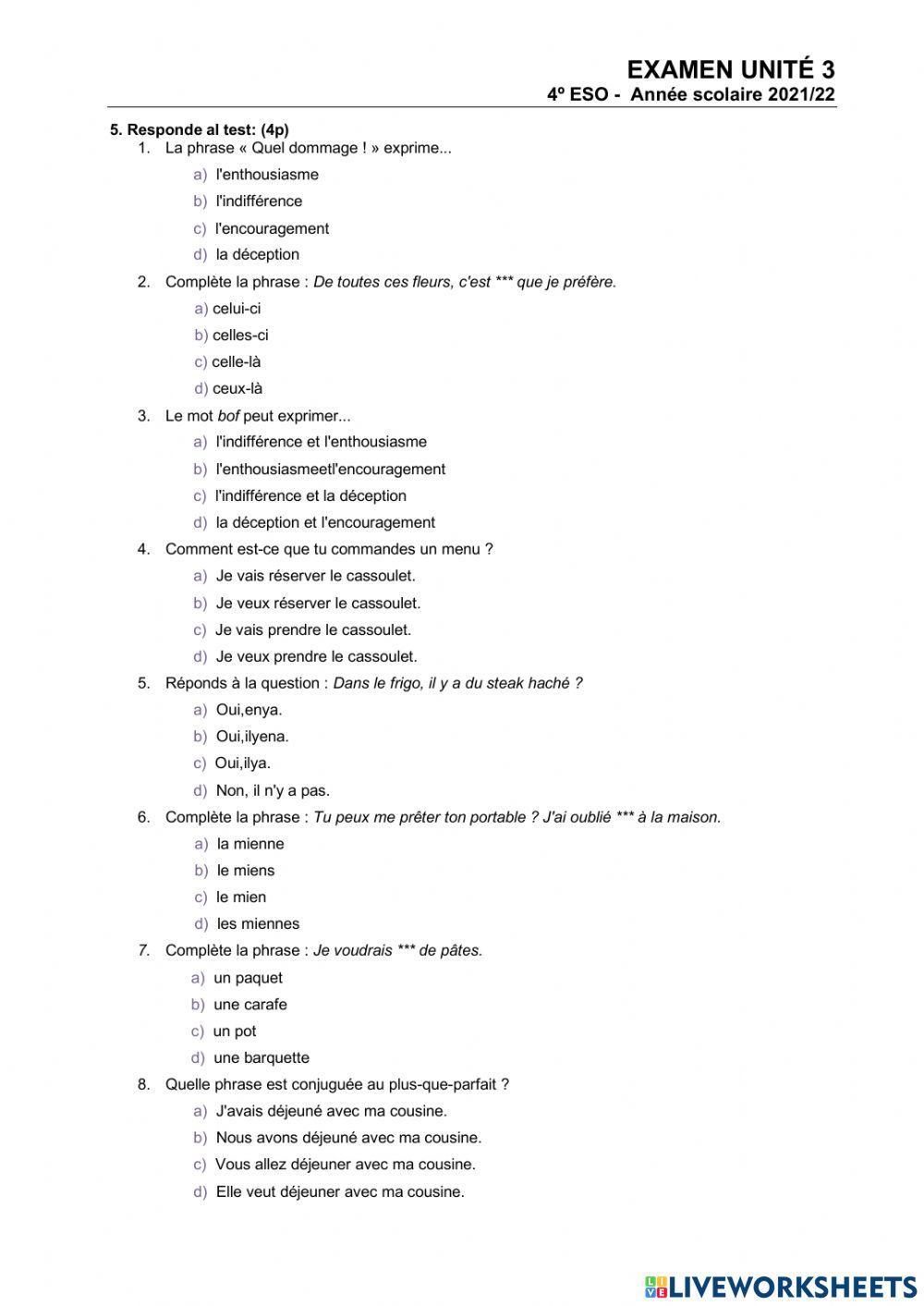 Examen Francés UD03 4º ESO worksheet | Live Worksheets