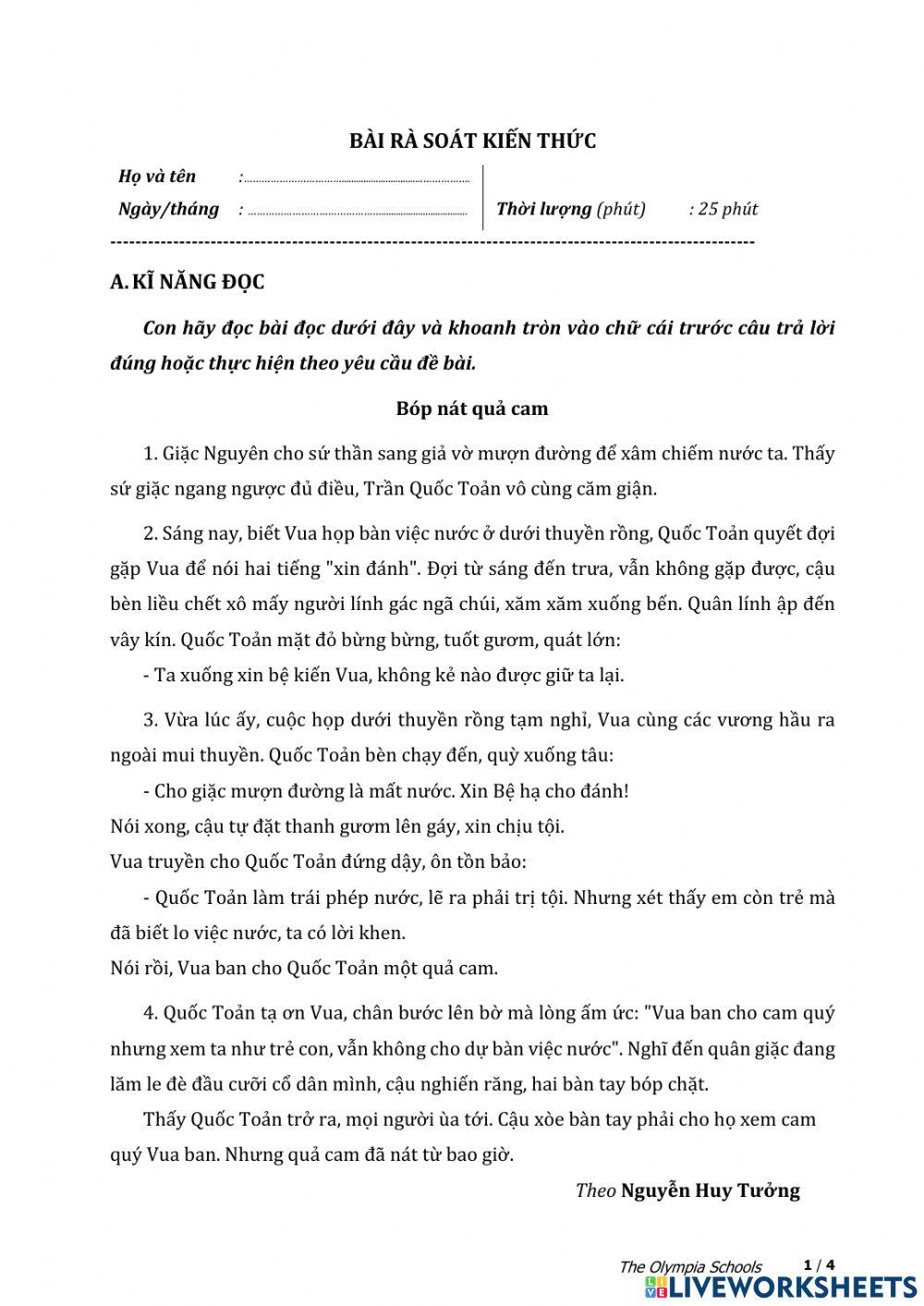 Bài rà soát môn Tiếng Việt