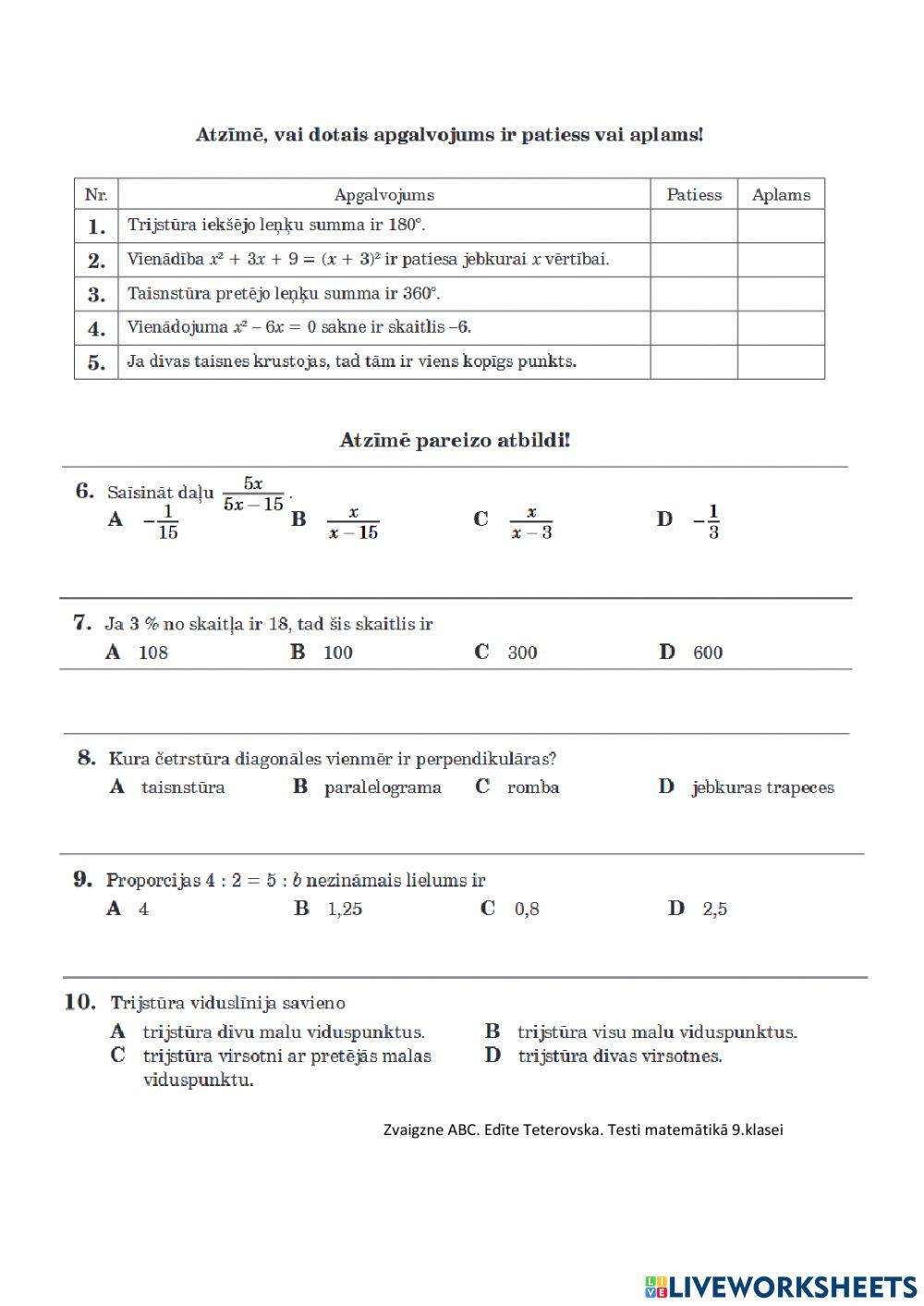 Gatavojoties matemātikas eksāmenam, 9.klase