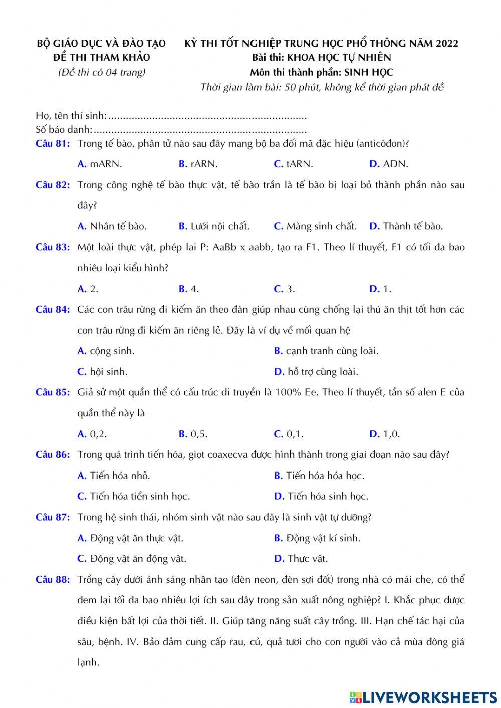 Đề tham khảo môn Sinh học 2022