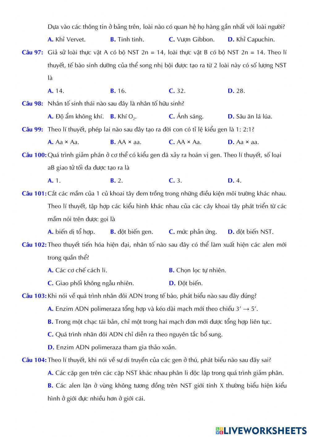 Đề tham khảo môn Sinh học 2022