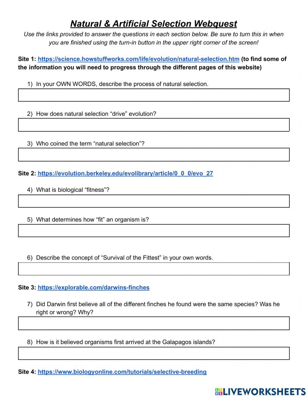 natural selection and artificial online exercise for | Live Worksheets