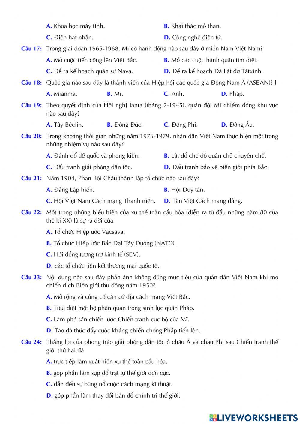Đề tham khảo môn Lịch sử 2022