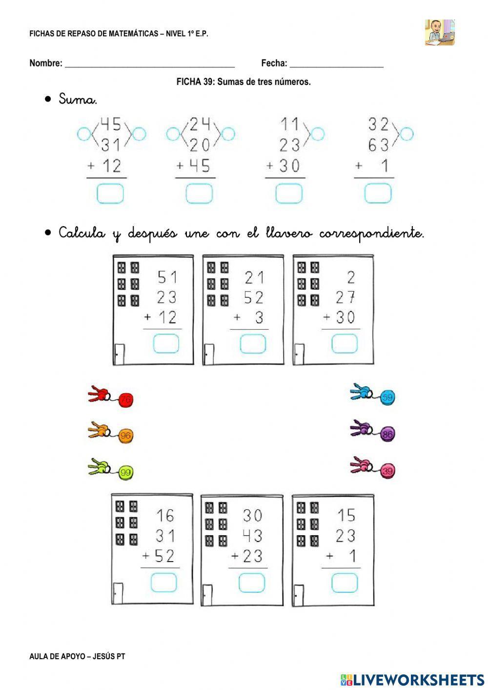 Ficha Matemáticas-1EP-Sumas de tres números