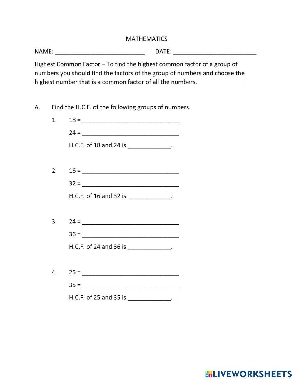 highest-common-factor-live-worksheets