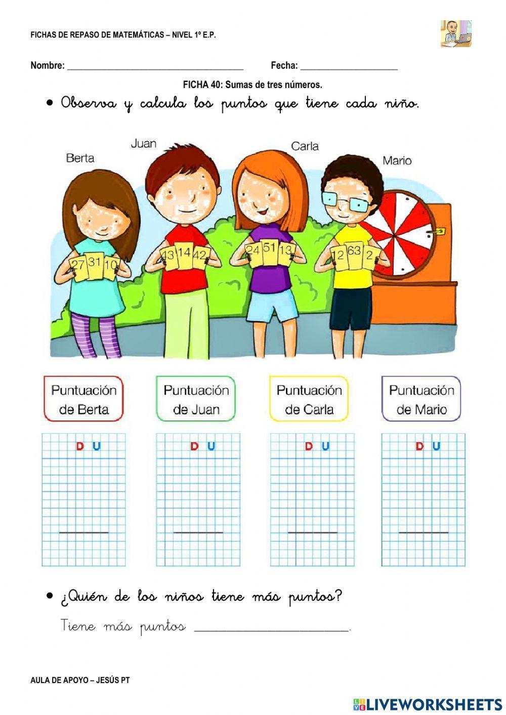 Ficha Matemáticas 40-1EP-Sumas de tres números