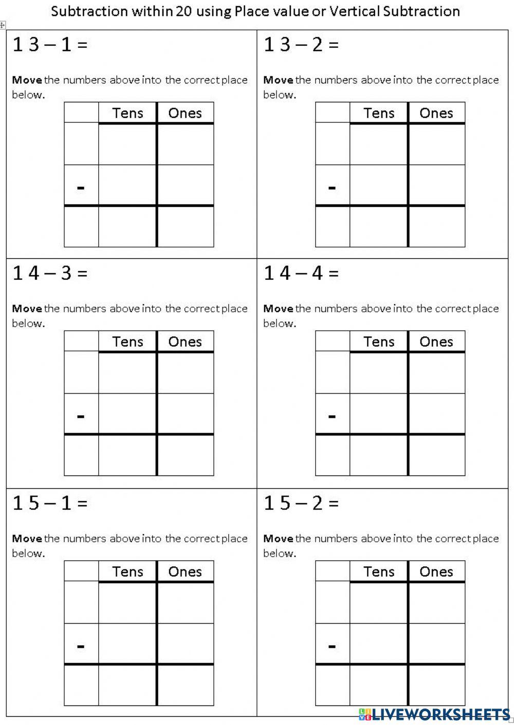 Subtraction within 20 Place value vertical Subtraction