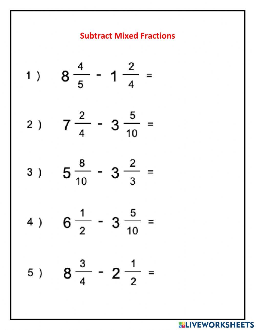 Subtract mixed fractions LiveWorksheets 1991564