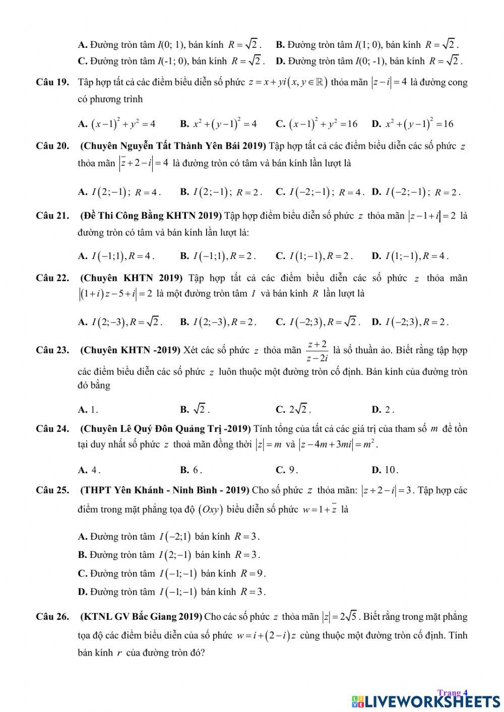 Dạng 2. tập hợp điểm biểu diễn số phức là đường tròn nc