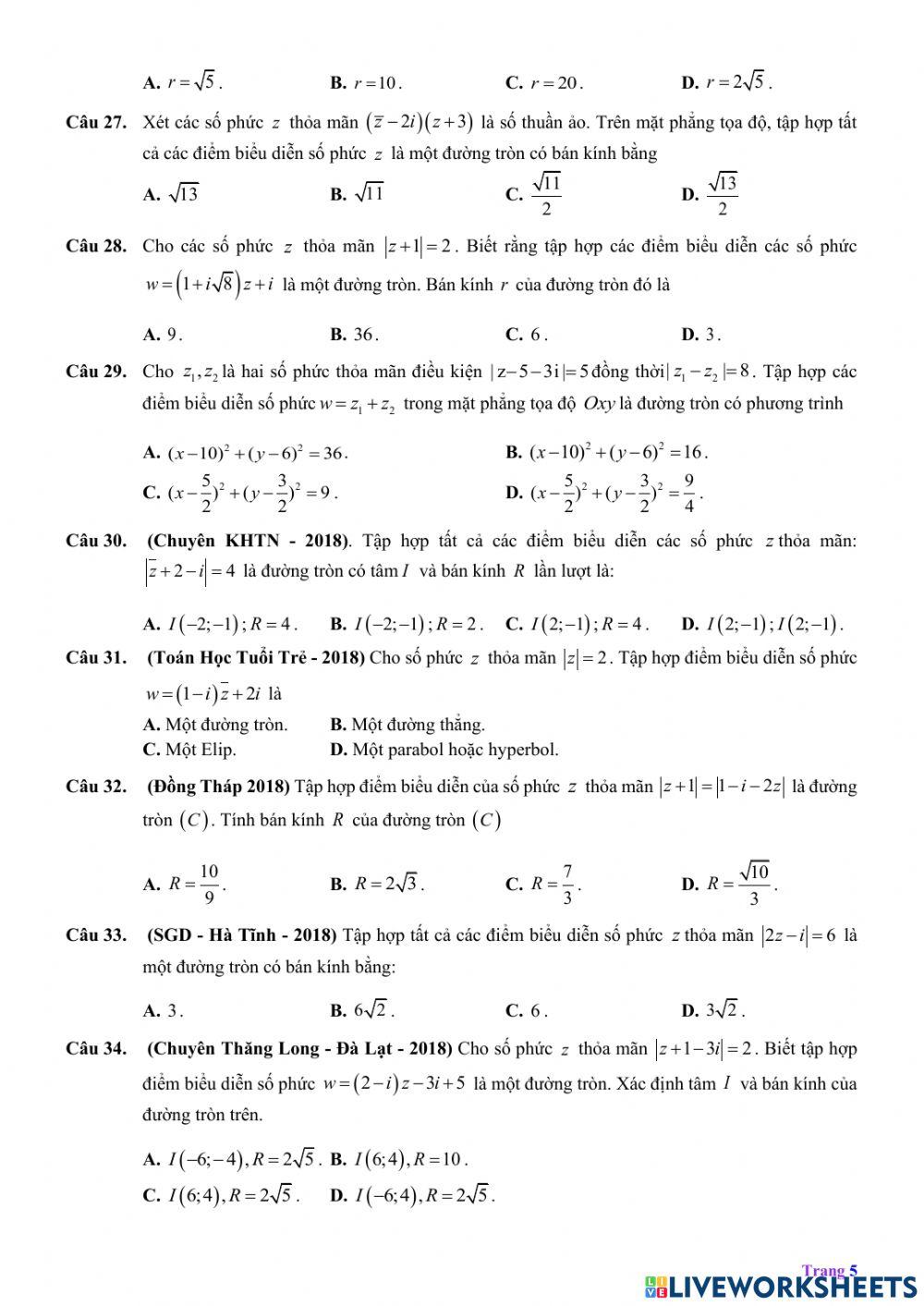 Dạng 2. tập hợp điểm biểu diễn số phức là đường tròn nc