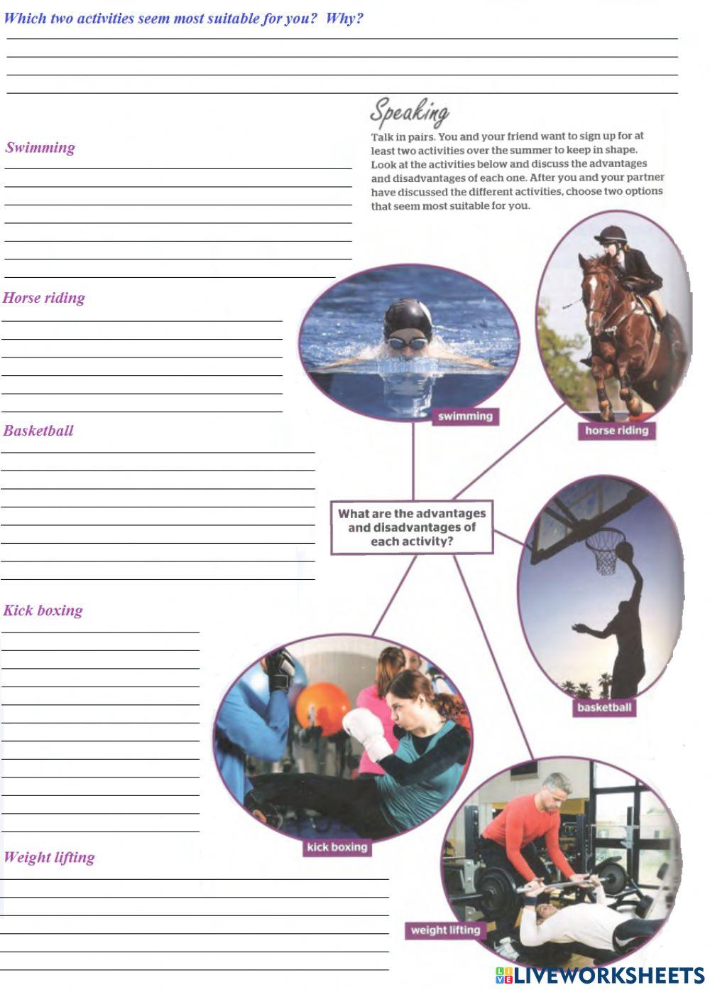 Advantages and disadvantages of different activities