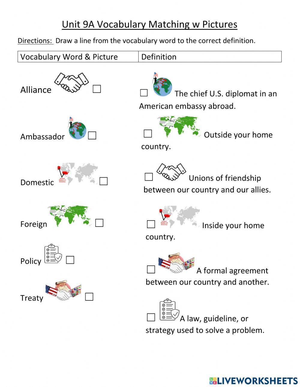 Unit 9A US Domestic and Foreign Policy Vocabulary Matching w Pictures
