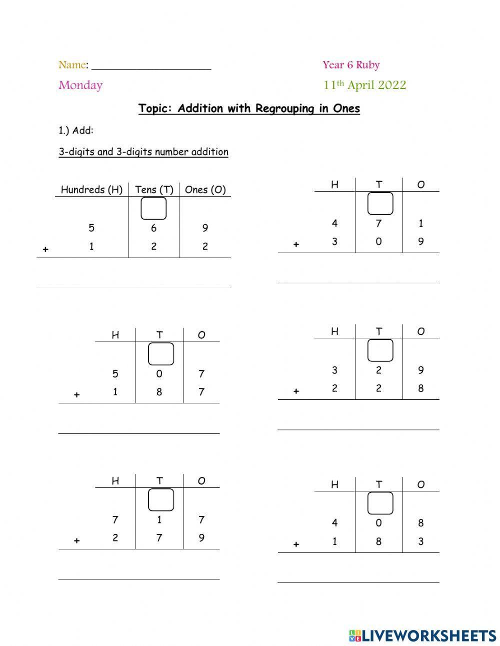Addition with regrouping in ones (3-digits)