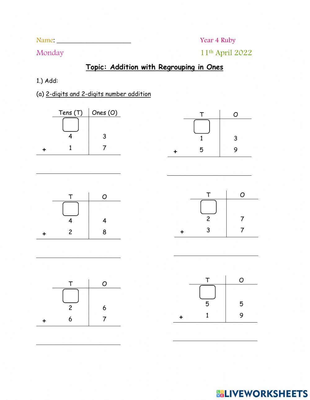 Addition with regrouping in ones (2-digits)