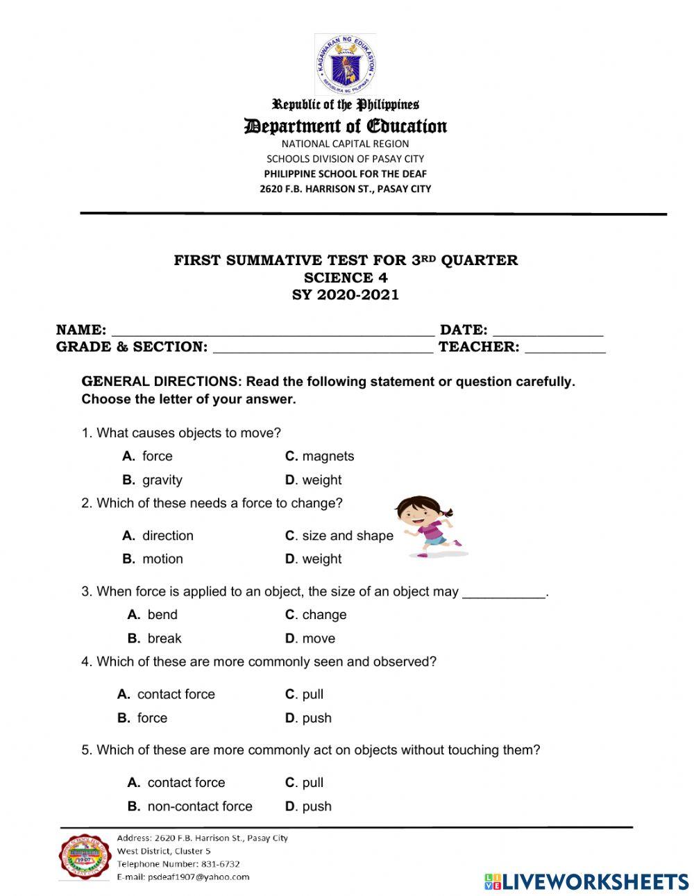 Science Summative test 3rd Quarter in PSD