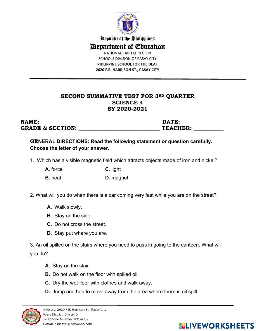 Science Summative test 3rd Quarter in PSD