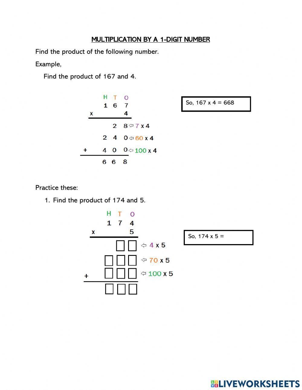 Multiplication by a one digit number (with regrouping)