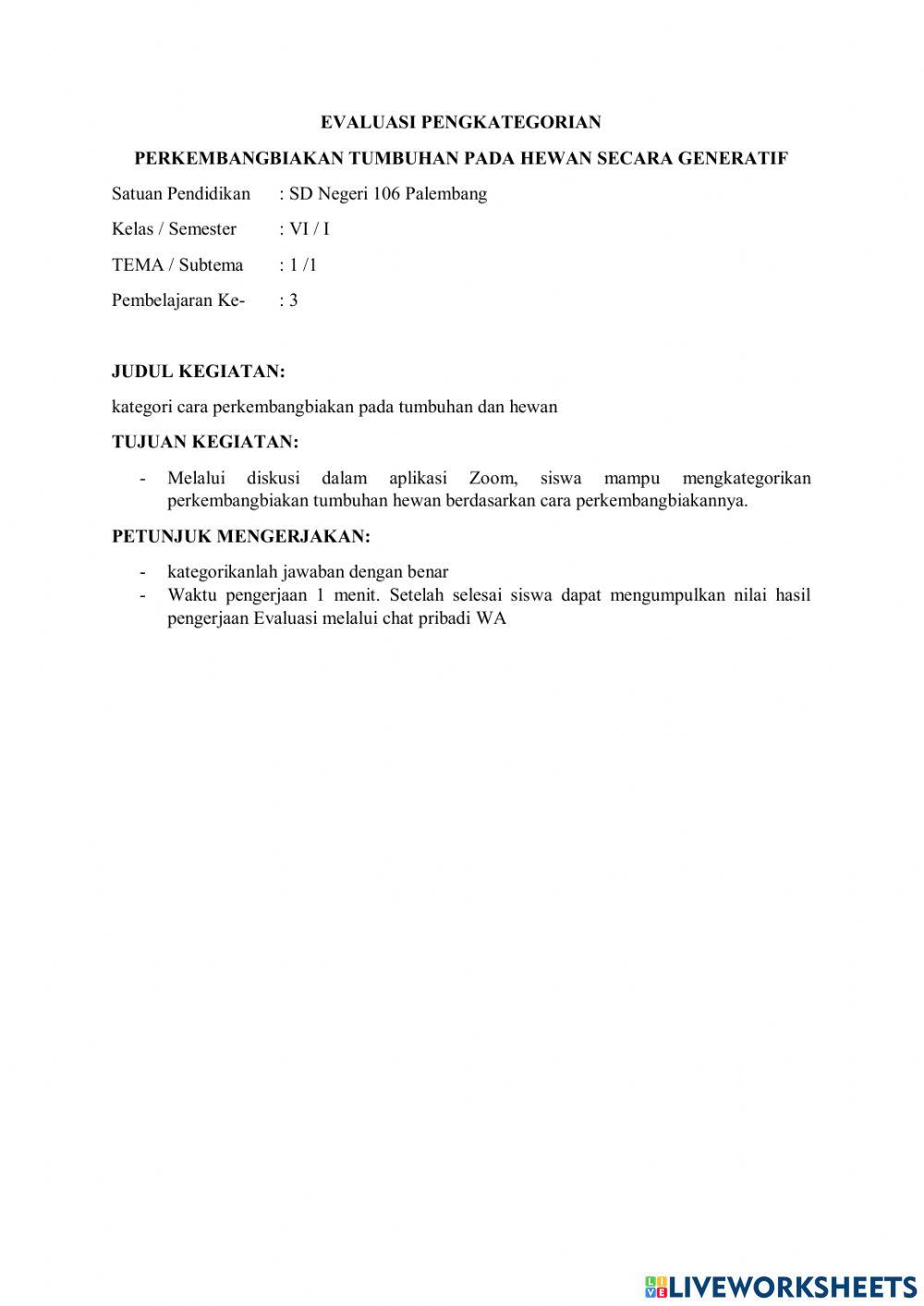 Kategori perkembangbiakan hewan dan tumbuhan secara generatif