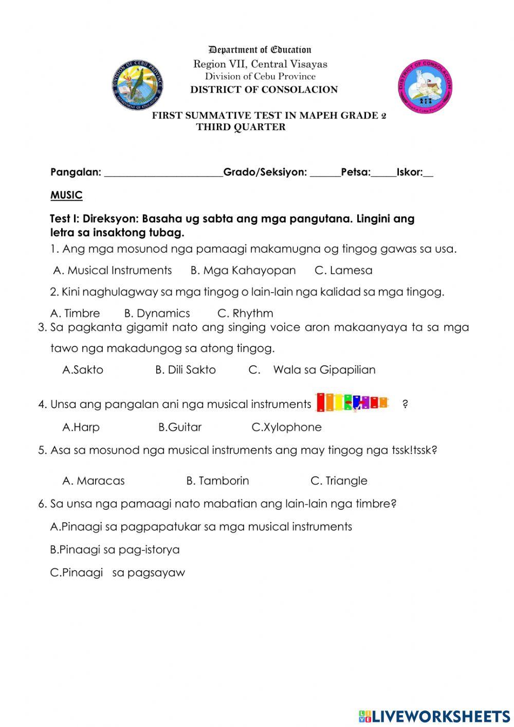 Mapeh district summative test 1