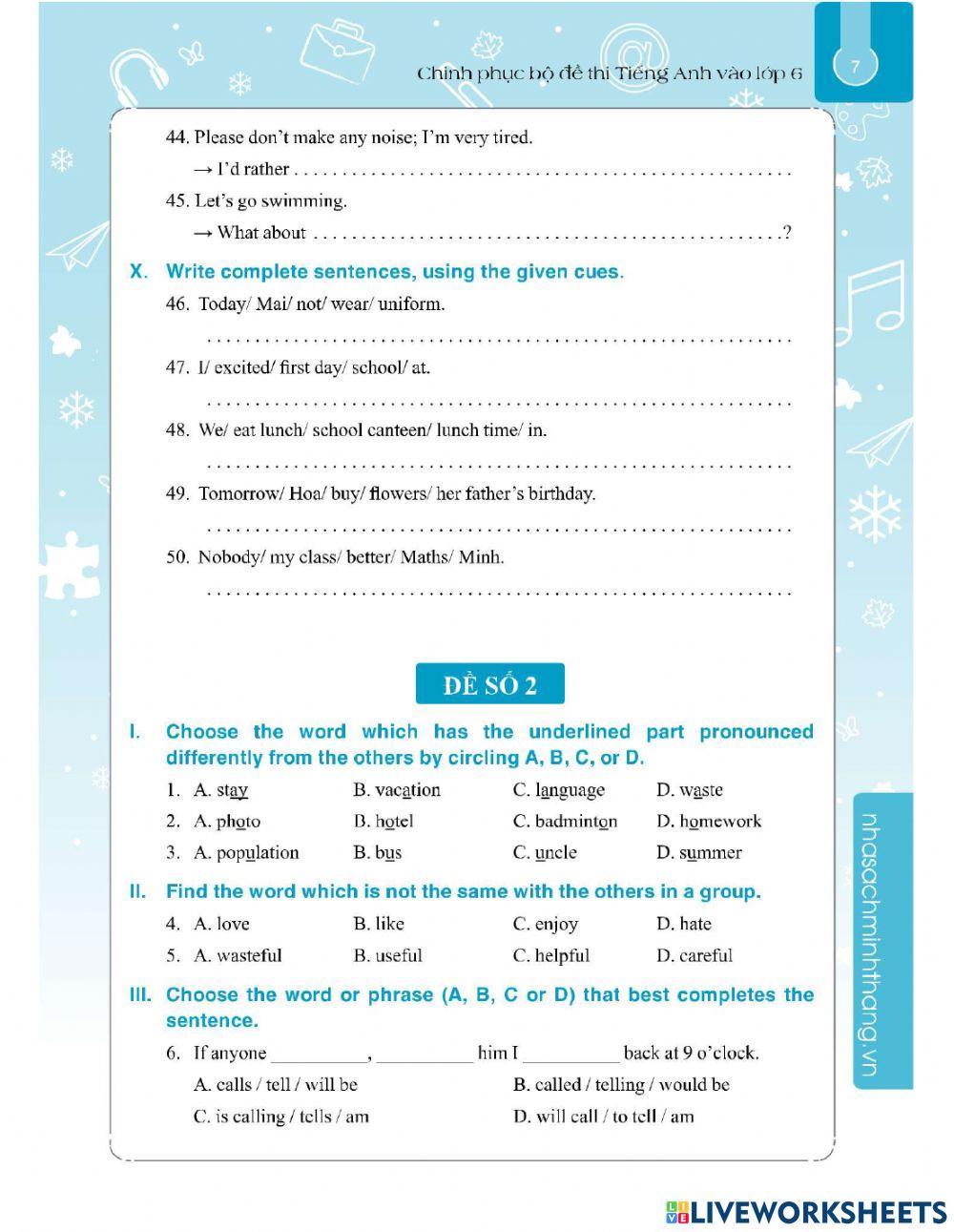 Ôn thi vào lớp 6- đề 2- bvv