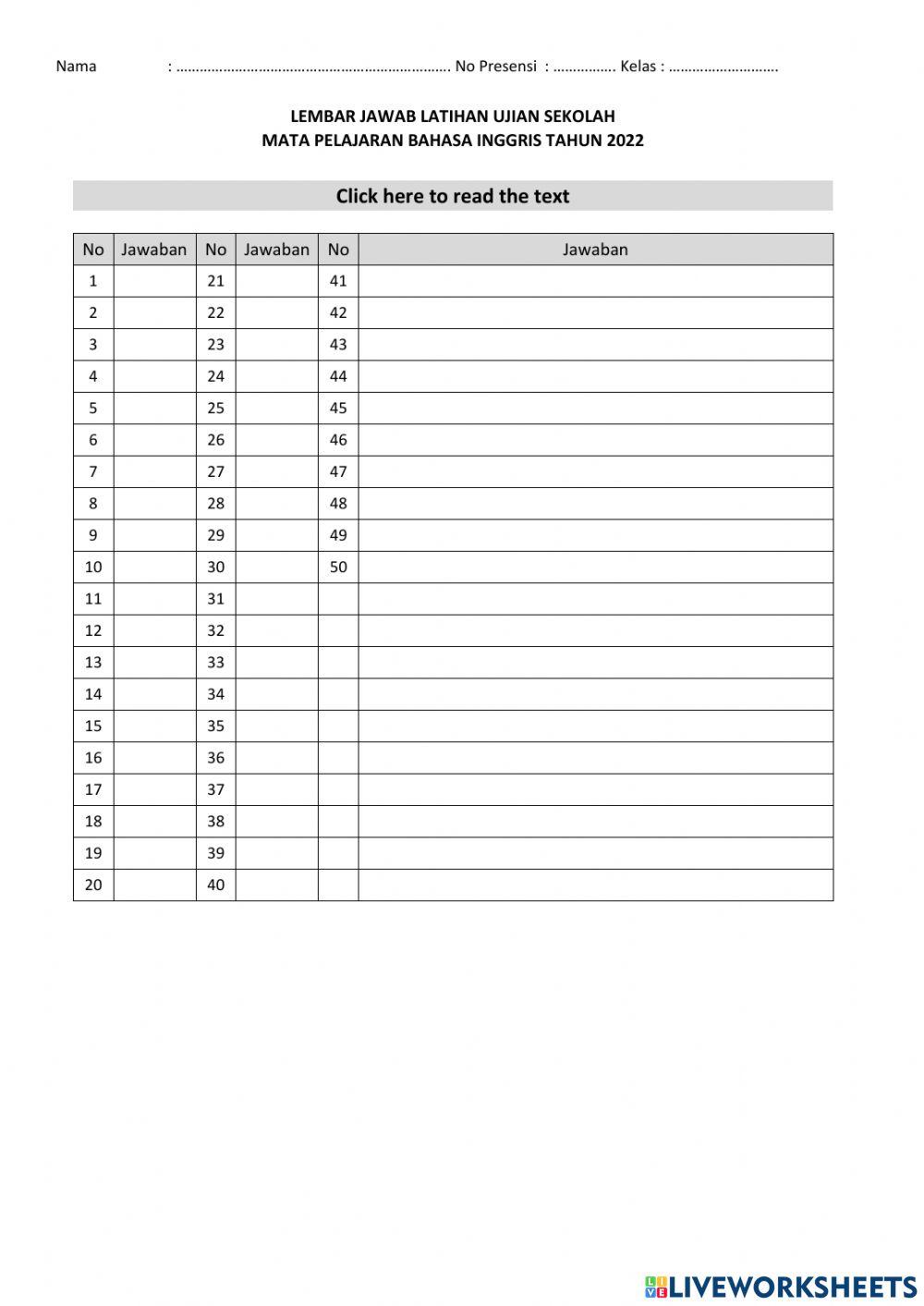 Lembar Jawab LUS Bahasa Inggris 2022