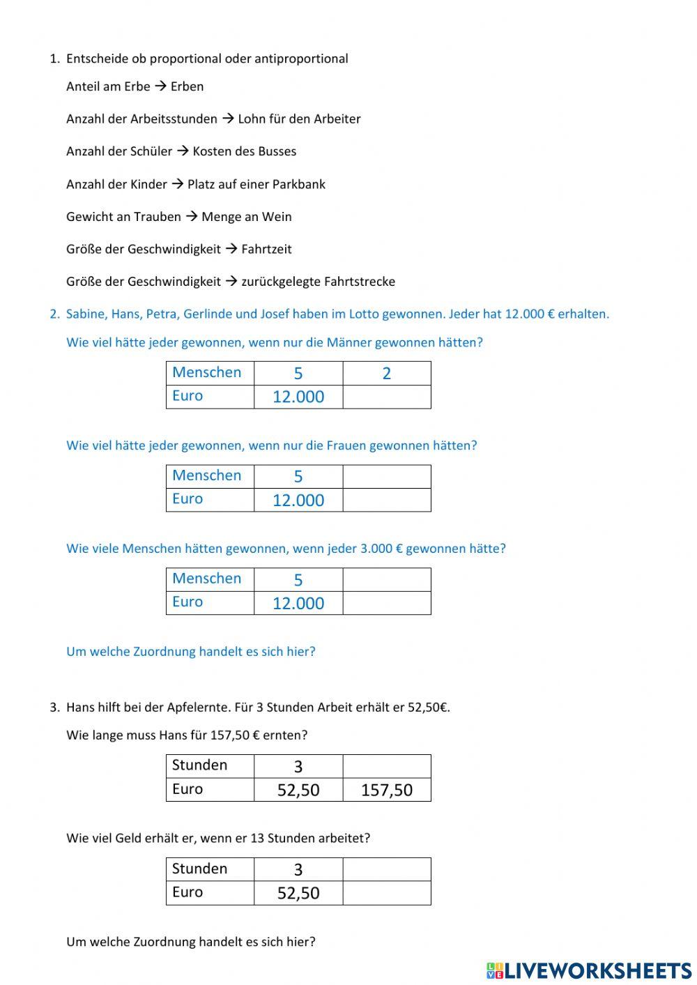 Proportionale und antiproportionale Zuordnungen