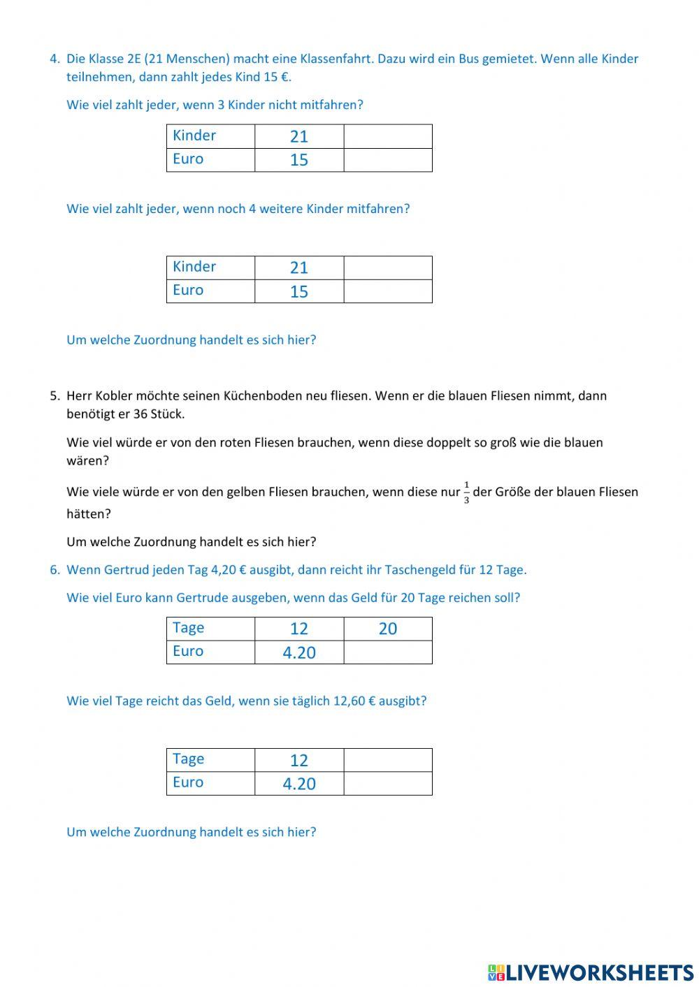Proportionale und antiproportionale Zuordnungen