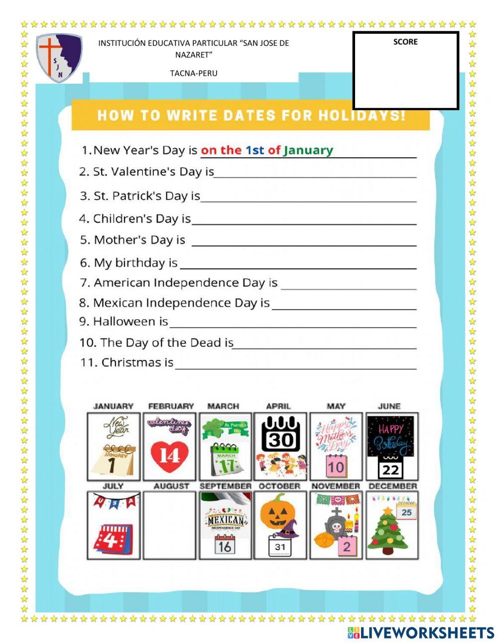DATES AND CELEBRATIONS online exercise for | Live Worksheets
