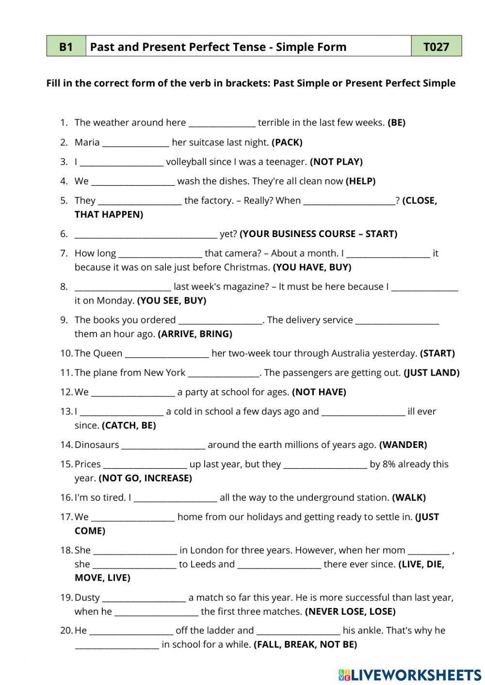 Past and Present Perfect Tense - Simple Form