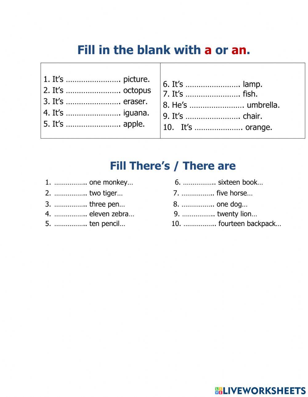 Review - there is, there are, a , an