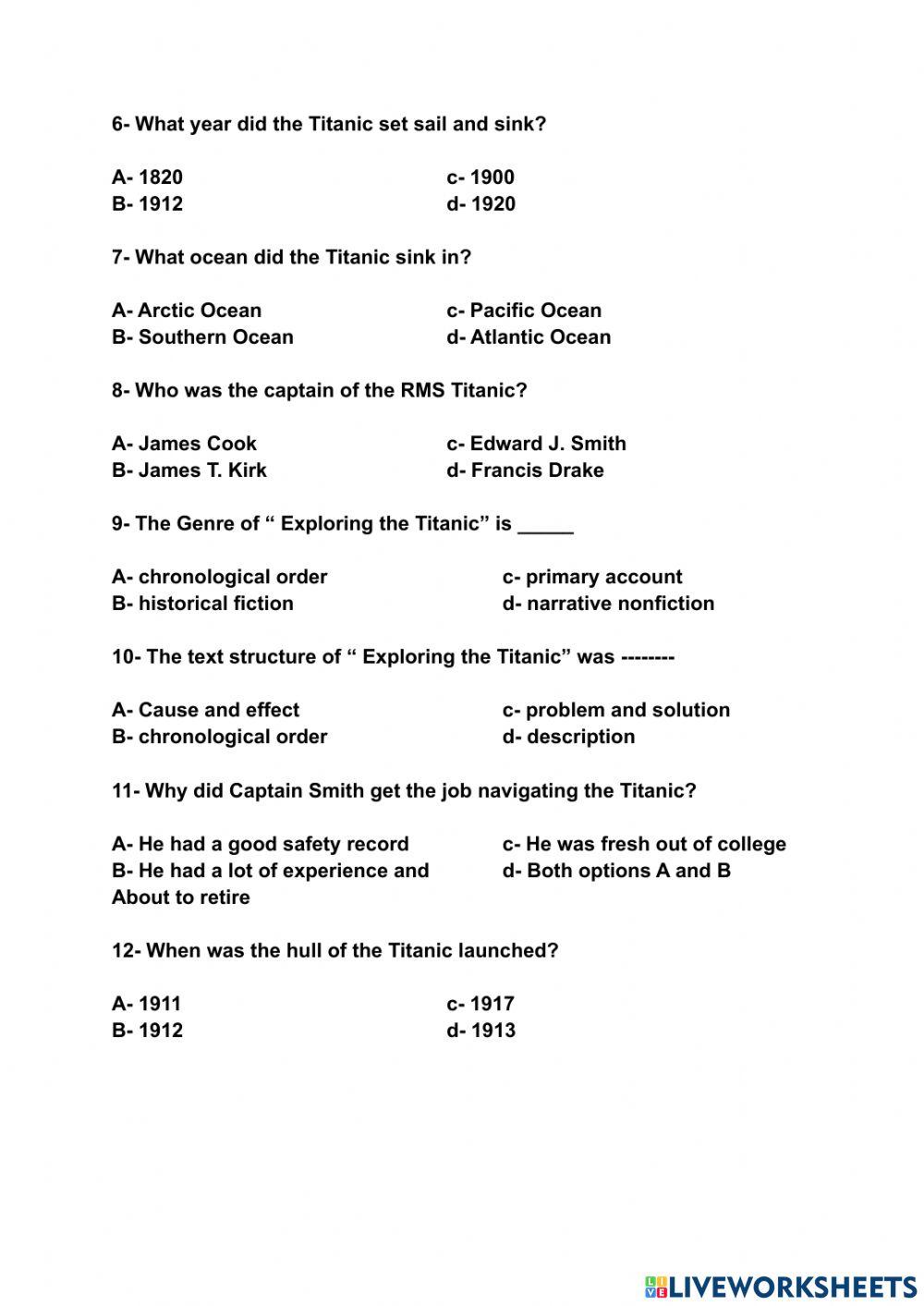 TITANIC 1 online exercise for Live Worksheets