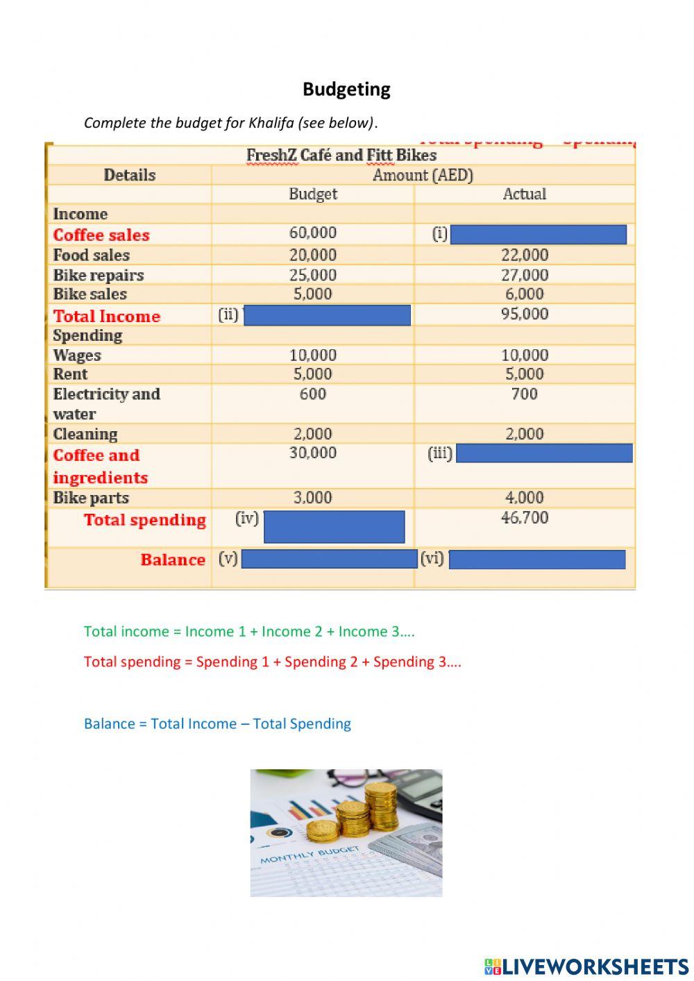 Budgeting online exercise for | Live Worksheets