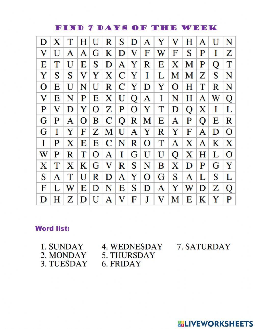 Wordsearch for months and days of the week
