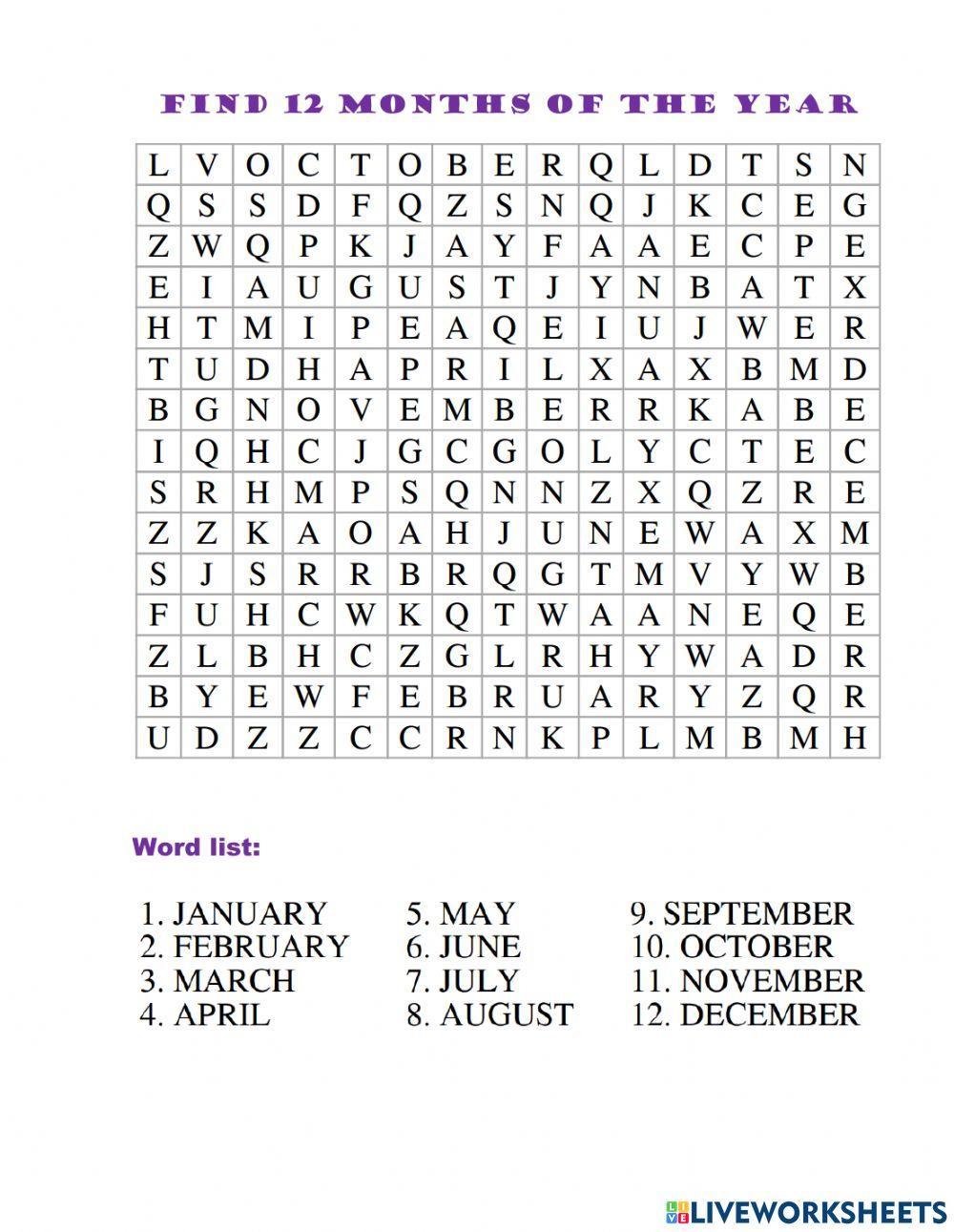 Wordsearch for months and days of the week