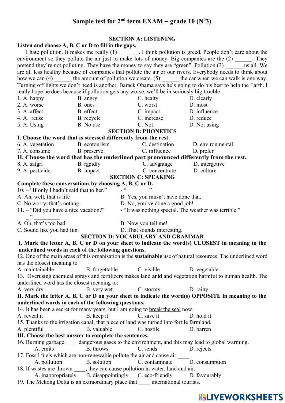 Sample test for 2nd term EXAM – grade 10 (N03)