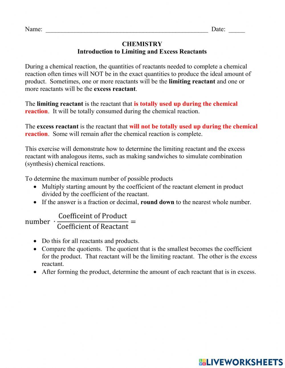 Limiting and Excess Reactants Making Sandwiches worksheet Live Limiting and Excess Reactants Making Sandwiches worksheet Live