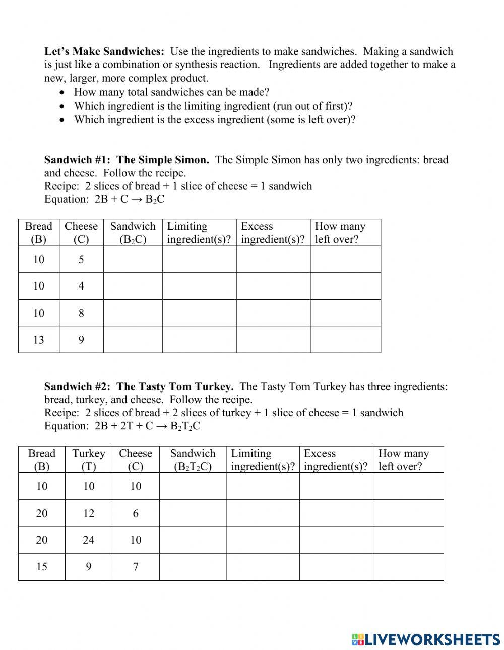 Limiting and Excess Reactants Making Sandwiches worksheet Live Limiting and Excess Reactants Making Sandwiches worksheet Live