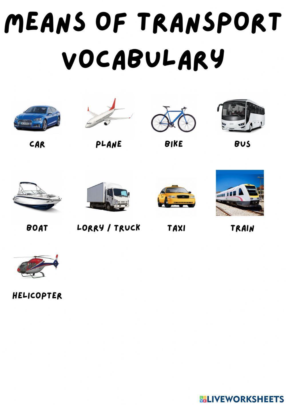 Means of transport vocabulary picture dictionary
