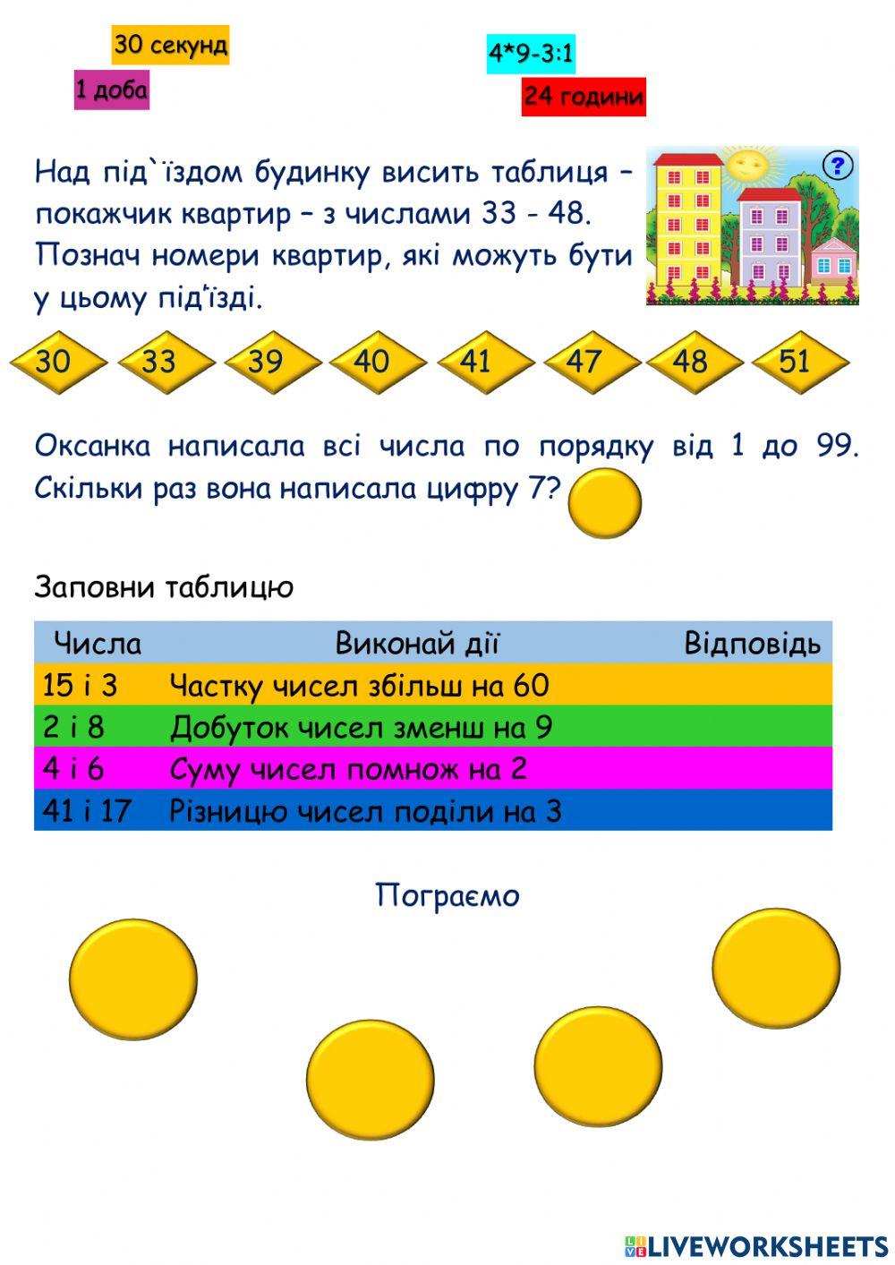 Математика таблиця на 6